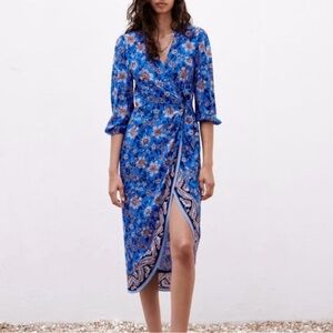 Zara Vibrant Blue Floral Wrap Midi Dress